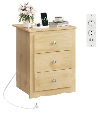 Produktbild von 3-Schubladen Nachttisch mit Ladestation, USB-Anschlüssen & Steckdosen, Aufbewahrungstisch für Schlafzimmer, Wohnzimmer, Büro