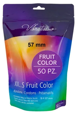 Immagine prodotto di VIBRATISSIMO Preservativi Fruit Color 50 pz | Sensazione naturale & extra umido | Condoms for Men | Busta di condomi richiudibile | ultra sottili | L=57 mm