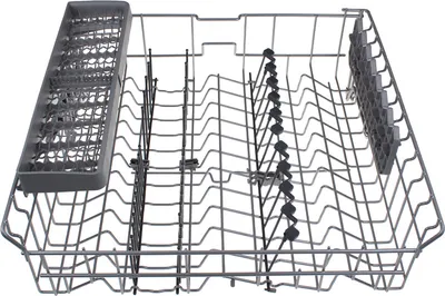A close-up, high-angle view of an empty dishwasher rack, isolated on a white background.