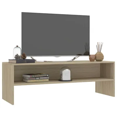 A TV stand with a TV on top and decorative items and books on the shelves.