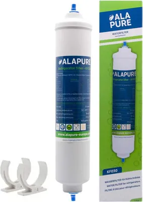 A water filter and its packaging are displayed against a white background.