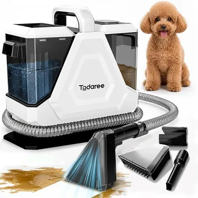 Image de Machine portable de nettoyage des tapis et des tissus d'ameublement pour animaux de compagnie, puissance de 14 kPa, aspirateur laveur pour tapis. Aspirateur laveur et aspirateur à eau pour tapis, canapés, voitures, blanc/gris
