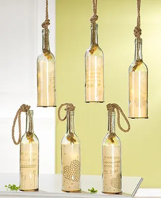 Image de 1 x Gilde Glas 5 LED bouteille à la mer cœur bonheur nœud en sisal, 6 modèles, 3xLR44  Hauteur 30 cm 41385