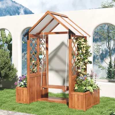 Produktbild von MODFU Pflanzkübel Blumenkübel mit Spalier als Rankhilfe，Holz Pflanzgefäß，Outdoor-Schaukel,Blumenkasten，Pflanzkasten mit Spalier und Sitz，mit Sonnendach，Braun