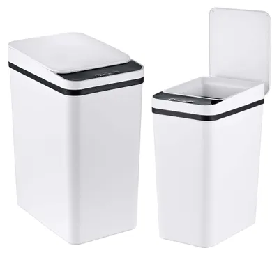 Produktbild von Relaxdays Mülleimer mit Sensor, 2er Set, 9L & 15L, elektrischer Deckel, Müllbeutelhalter, PP, Abfalleimer Küche, weiß