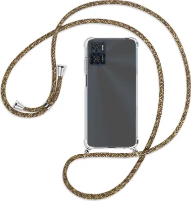 Produktbild von Handykette Backcover-Schutzhülle mit Band (Metall silberfarben) für Motorola Moto E22, Moto E22i 4G - braun+beige