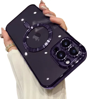 A hand holding a dark purple iPhone 14 Pro case with a MagSafe ring and camera protection.