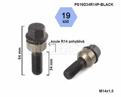 Obrázok produktu pre Skrutka kolesa M14x1,5x34 guľa R14 pohyblivá, čierna, kľúč 19, výška 64 mm
