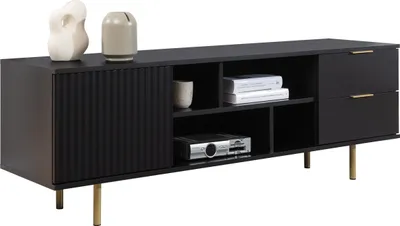Produktbild von MIRJAN24 TV-Lowboard Nubia mit Drehtür und zwei Schubladen, TV-Tisch, Metallfüße, 150x41x52 cm (Farbe: Schwarz)