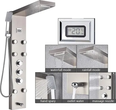 Zdjęcie produktu dla Panel prysznicowy LED, wodospad, wyświetlacz cyfrowy, szczotkowany Nickle 1258