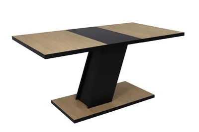 Produktbild von Hela Tische, Esstisch Ausziehtisch Santana, Nachbildung Cremona Eiche, Synchronauszug, schräge Säule Schwarz, farbige Kanten, Maß 120-160x80cm