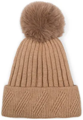Produktbild von styleBREAKER Damen Strick Bommelmütze Rippenmuster, Hellbraun