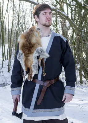 Produktbild von Klappenrock Bjorn, Wikinger-Mantel mit Borte, dunkelblau - Baumwolle Mittelalterkleidung Kostüme Herren LARP Größe: M