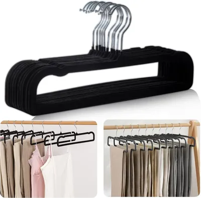 Produktbild von 10er-Set Hosenbügel, rutschfeste Samt-Hosenbügel, 35 cm lang, 360° drehbarer Haken, platzsparend, für Hosen, Jeans, Schals und Kleider – Schwarz