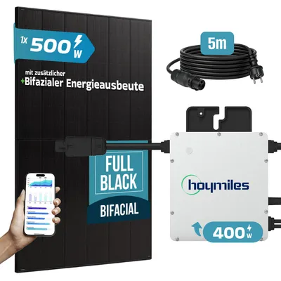 Produktbild von SUNNIVA® 500W Balkonkraftwerk BIFAZIAL FULLBLACK komplett Steckdose HOYMILES 400 Watt Wechselrichter, Komplettset 1x 500W PV Solaranlage Solarmodule