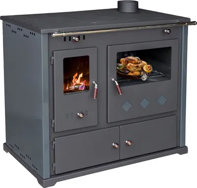 Produktbild von Kaminofen mit Backfach und Herdplatte Pracktik Lux Anthrazit RAL 7016 RECHTS Holzofen 9,5 kW Kamin Ofen Dauerbrandofen Werkstattofen Schwedenofen Hüttenofen Heizofen