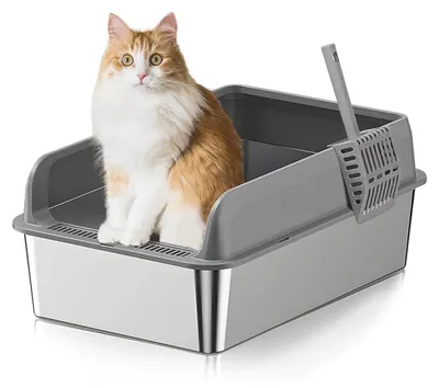Image de Litière pour chats Wintem en acier inoxydable, avec couvercle anti-éclaboussures et pelle inclus