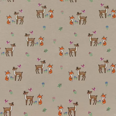 Motiv-Jersey Waldtiere Kindermotiv ab 0,5m Baumwoll-Stoff Meterware OEKO-TEX zertifiziert cappuccino