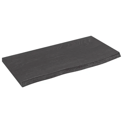 A dark gray wooden shelf with a live edge, presented on a white background.