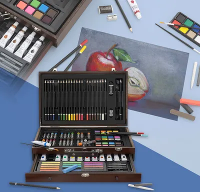 Immagine prodotto di ECD Germany Set da disegno 112 pezzi, per disegnare e dipingere, in legno per bambini, matite colorate, colori ad olio e acrilici, pastelli, acquerelli