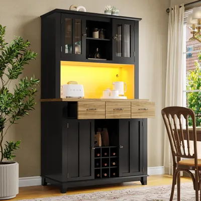 Produktbild von Flieks Küche Hochschrank Küchenbuffet mit LED, Küchenschrank Buffet mit Arbeitsplatte und Weingestell, Highboard mit Schubladen, Schwarz
