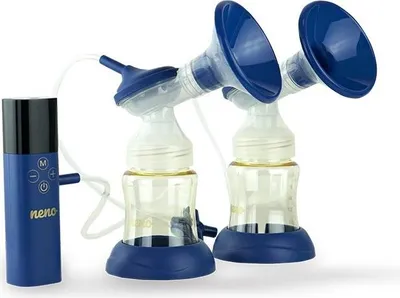 A white background with a double electric breast pump and its control unit.