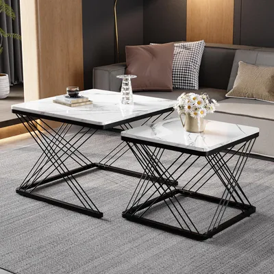 Productafbeelding van Salontafel, 2-delig set, afmetingen 60x60x45 cm en 45x45x40 cm, MDF, wit, vierkante tafels met een hoogglanzende marmerlook en verstelbare poten