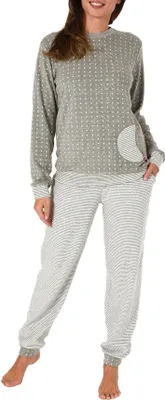 Produktbild von Normann Damen Frottee Pyjama mit Bündchen in Tupfen- und Ringeldesign  - auch in Übergröße ; Tupfen grau , 60
