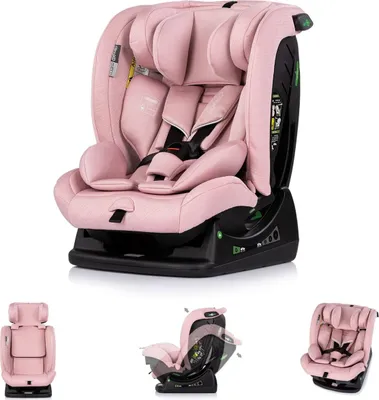 A collage of images showing a pink car seat from different angles and in different configurations.