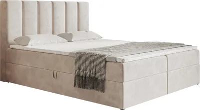 Image de Lit Boxspring 180x200 cm Foro - Lit double avec sommier à lattes & topper, coffre de lit - Matelas Bonell, tissu velours (Crème - Amor Velvet 4304)