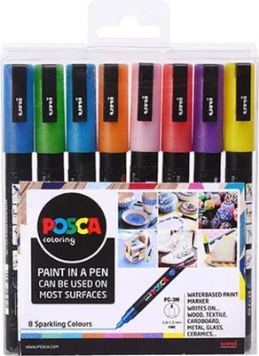 A set of 8 Posca paint markers in various colors, displayed in their original packaging.