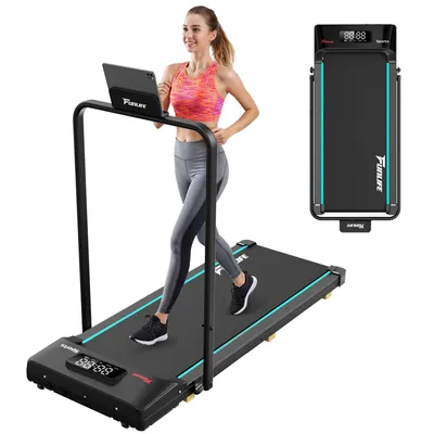 Image de FunLife F1 Tapis de course pliable - Walking Pad 3 en 1 (1-8 km/h) avec poignée de maintien, compact & silencieux pour la maison, le bureau, les personnes âgées & la rééducation, bleu