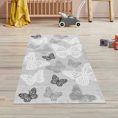 Produktbild von Teppich Babyzimmer Kinderzimmer Schmetterlingsmuster 3d Creme Größe - 80 x 150 cm