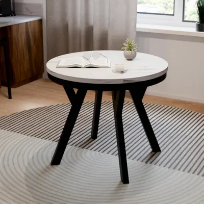 Produktbild von Esstisch ARI Rund 90-190 cm Ausziehbar Marmor Bianco Weiß Glamour Metallbeine