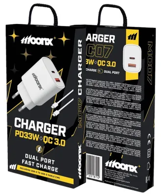 Zdjęcie produktu dla Moonx Ładowarka Sieciowa Mc07 Pd 33W 1Xusb-C + 1Xusb Qc3.0 + Kabel Usb-C - Usb-C Biały