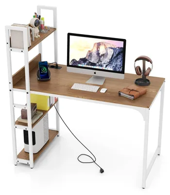 Produktbild von COSTWAY Schreibtisch mit Ladestation, Computertisch mit Bücherregal & Metallrahmen, Bürotisch Holz mit USB & Steckdosen, PC Tisch Arbeitstisch, Natur