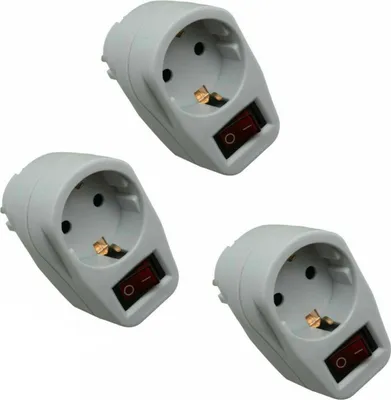 Three white electrical adapters with red switches are arranged diagonally on a white background.