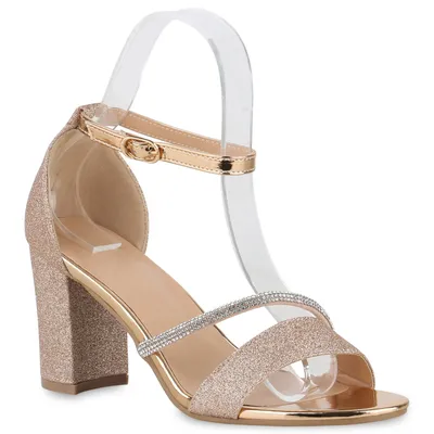 Produktbild von VAN HILL Damen Riemchensandaletten Sandaletten Strass Glitzer Party Schuhe 840552, Farbe: Rose Gold, Größe: 41
