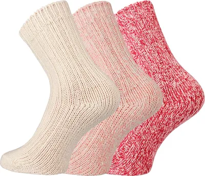 Produktbild von FussFreunde 3 Paar weiche Norwegersocken für Kinder, Söckchen mit Wolle, Wollweiß/Rosa/Rot sortiert, Größe 23-26