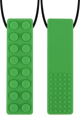 Two green chewable pendants on a white background.