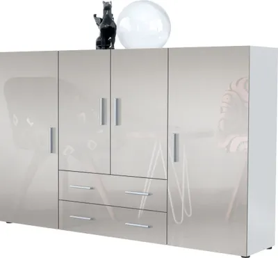 Produktbild von Vladon Highboard Nora Anrichte mit 2 Schubladen und 4 Türen mit insgesamt 8 Fächer dahinter, Weiß matt/Sandgrau Hochglanz (166,5 x 106,5 x 35 cm)