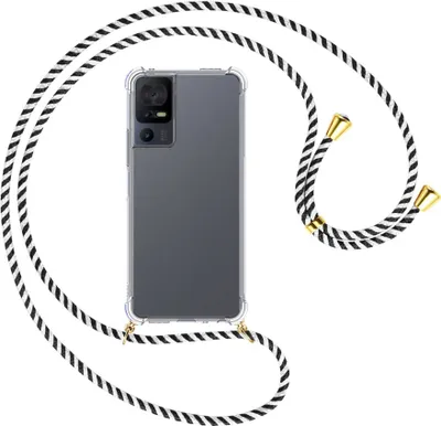 Produktbild von Handykette Backcover-Schutzhülle mit Band (Metall goldfarben) für TCL 40 SE (6.75'') - schwarz/weiß gestreift