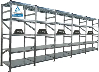 Produktbild von Fachbodenregal PROXIMO mit  Stecksystem | Komplettregal | HxBxT 200x450x70cm | 5 Ebenen | Fachlast 200 kg | Beidseitig nutzbar | Verzinkt