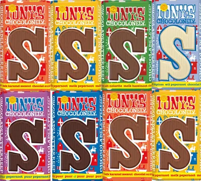 Productafbeelding van Tony's Chocolonely Sinterklaas lettersnootjes, diverse smaken - S - 8 stuks à 180 gram | Melk / Karamel Zeezout / Melk Peperkoek /