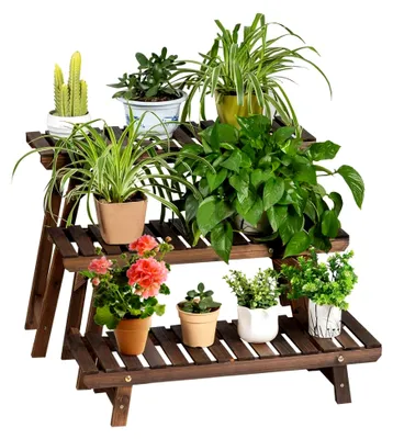 Produktbild von Blumenständer mit 3 Ablagen, Pflanzenständer aus Holz, Pflanzenregal für den Außenbereich, Blumenleiter, Pflanzentreppe, Blumenregal für Garten und Balkon