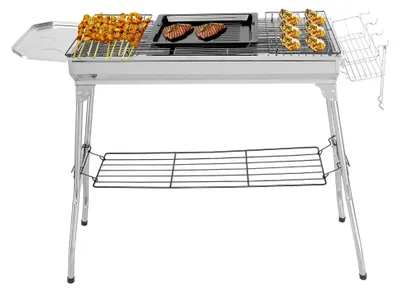 Produktbild von Holzkohlegrill aus Edelstahl, klappbar, 100x31x71cm für Außenbereich, Terrasse, Camping, Grillpartys, für 5-10 Personen