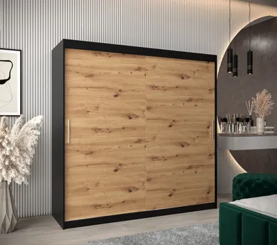 Produktbild von Schwebetürenschrank mit einer Breite von 200 cm TIMEA – Schwarz / Eiche Artisan