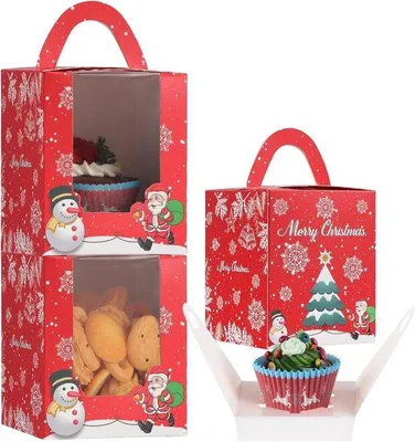 Produktbild von 50 Stück Weihnachts-Cupcake-Boxen – Cupcake-Halter – Cake-Box mit Innenverpackung – Weihnachts-Geschenkbox – Geschenkbox – Keksdose für Weihnachten, geeignet für Kuchen, Cupcakes, Brownies, Donuts und andere n, ideal für festliche Anlässe