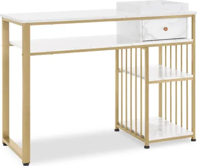 Produktbild von M MCombo Schreibtisch mit Schubladen, mit Regal, Manikürtisch aus Holz Metallgestell, Schminktisch ohne Spiegel , Marmor-Weiß Gold, 2498
