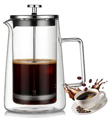 French Press 1000 ml, doppelwandiges Glas, Edelstahlfilter, hitzebeständig